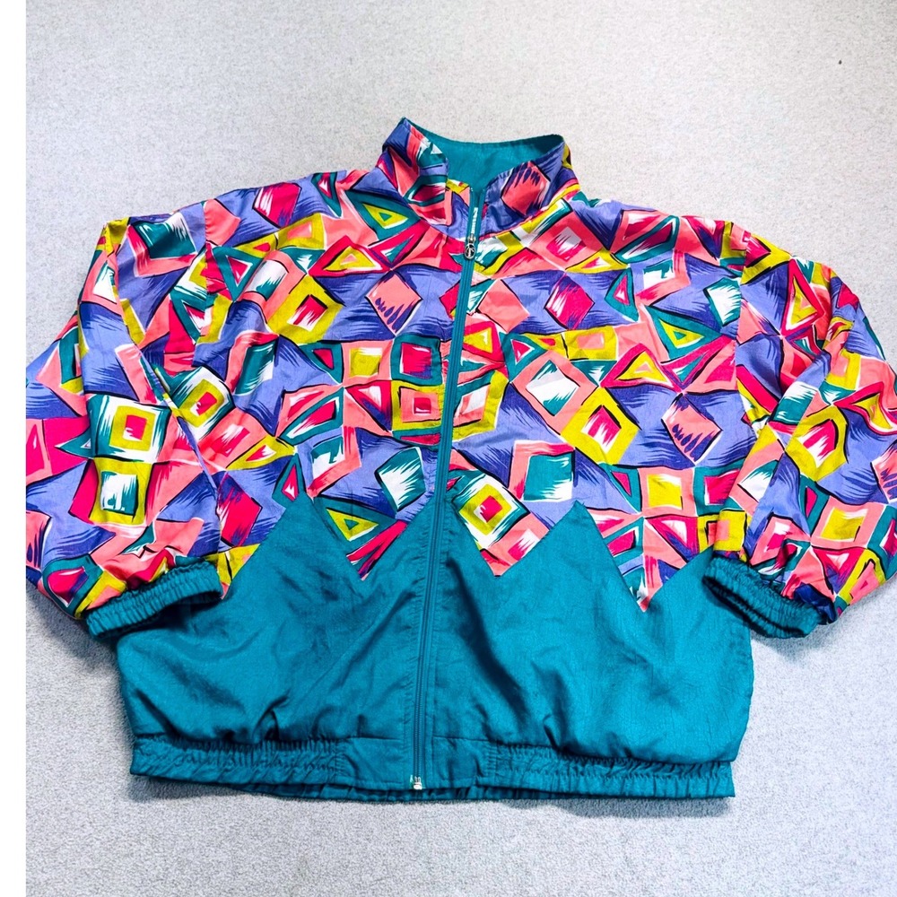 Vintage Lavon Windbreaker Jacket 80s 90s Neon Geometric Teal Color Block Size L